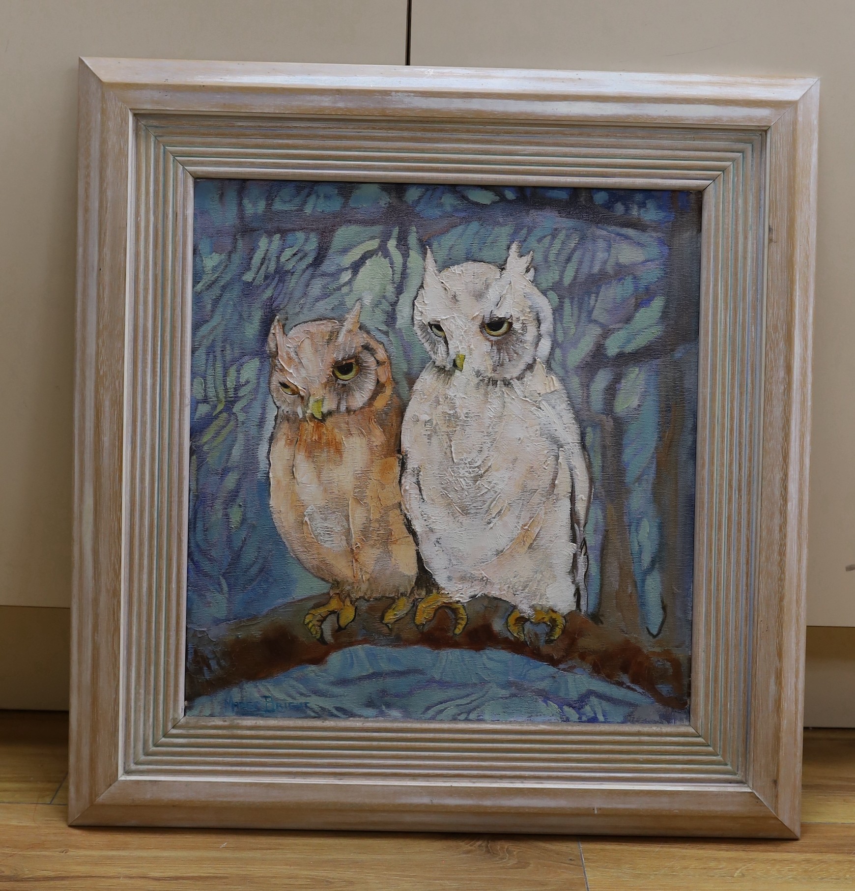 Madge Bright, oil on canvas, Owls perched on a branch, signed, 46 x 43cm